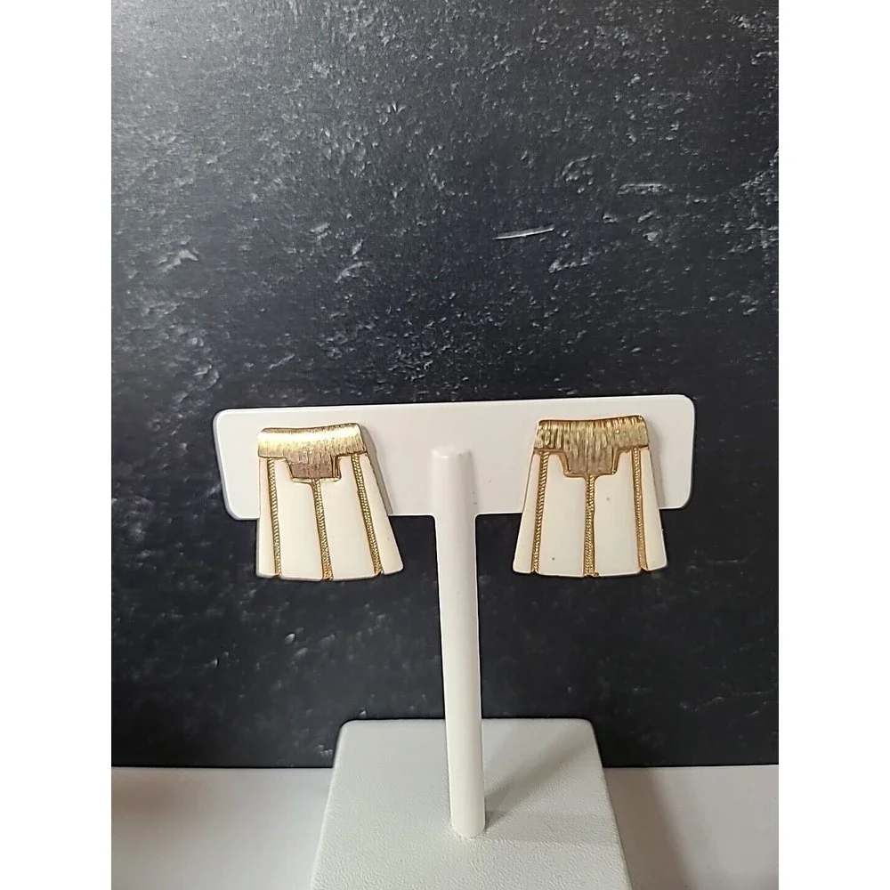 Les Bernard Gold Tone Metal And Enamel Modernist Clip-on/Screwback Earrings